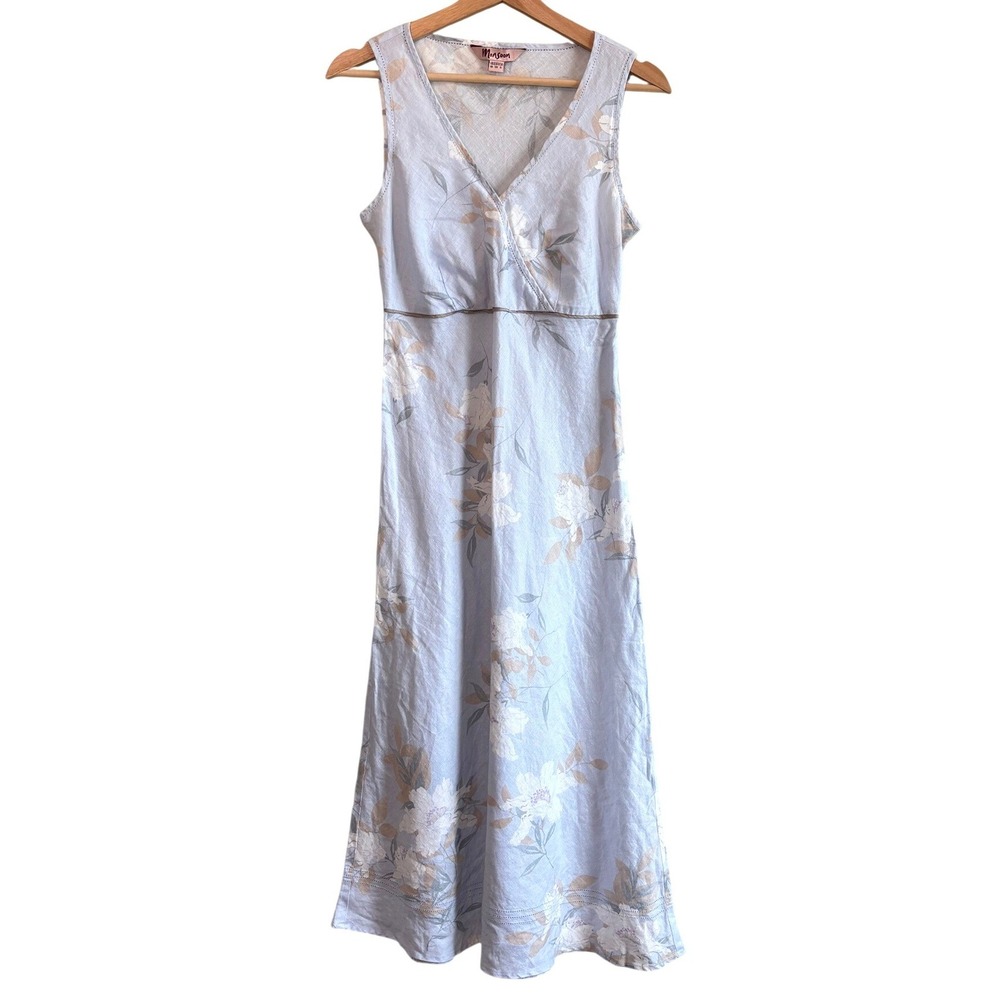 Monsoon Floral Linen Midi Dress Light Blue Womens Size 6 V-Neck Sleeveless Boho